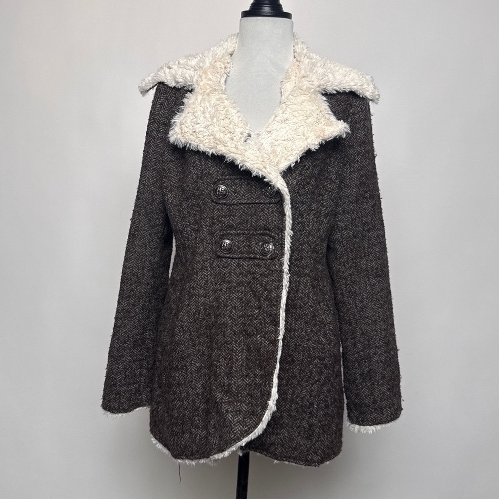Y2K Forever 21 Brown Herringbone Double Breasted Faux Fur Trim Coat Womens Large